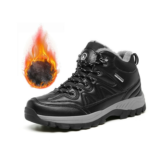 Mens Hiking Snow Boots Padded Warm Cotton Shoes Non-slip Lightweight Sneakers Waterproof Fur Lined Bare Boots Black 7 UK