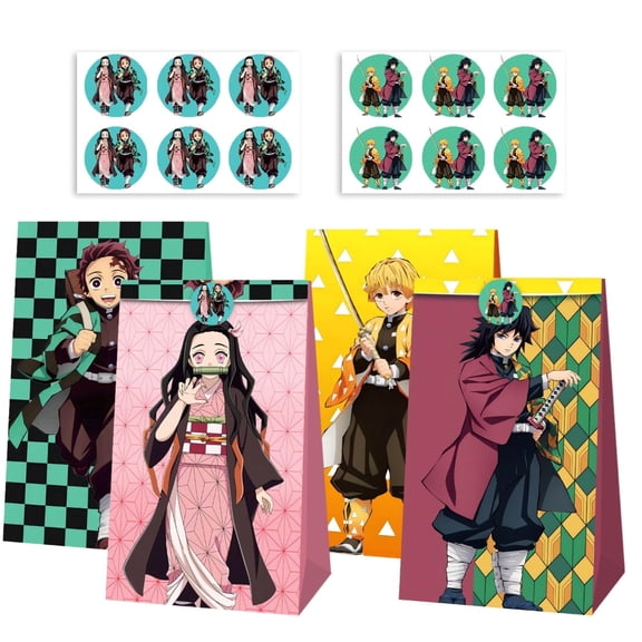 12 PCS Demon Slayer Kraft Paper Goodie Bag Small Gift Bags for Demon Slayer Party Supplies,Kids Birthday Game Party Kraft Paper Goodie Gift Bag Decorations