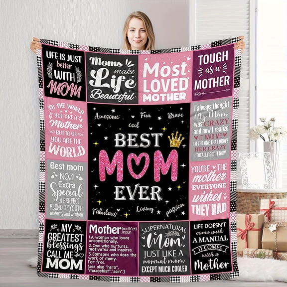 Large Flannel Blanket Thick Soft All-Season Throw with Best Mom Quotes, Pink & Black Floral/Heart Patterns - Gift for Mother's Day, Birthday, Housewarming - Couch, Bed, Camping, Travel