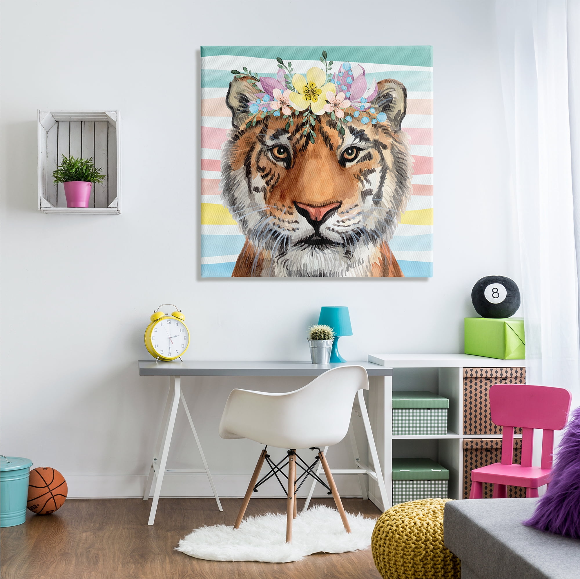 Stupell Industries Jungle Tiger Chic Purple Yellow Floral Crown Stripes, 36 x 36, Design by ND Art