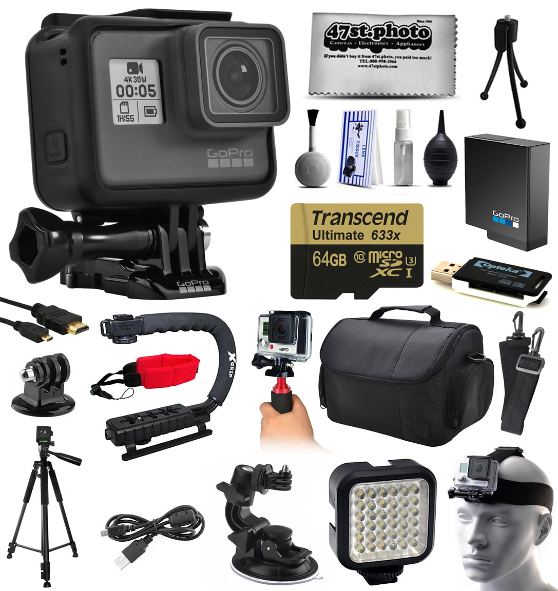 GoPro HERO5 Hero 5 Black Edition Action Camera with 64 GB MicroSD + Charger  + Card Reader + Large Case + Handle + Tripod