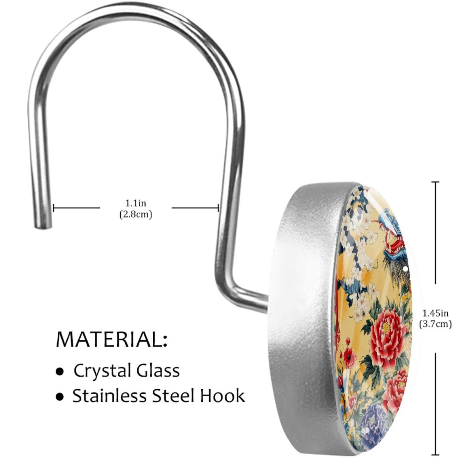 Blue Chinese Dragon Blossom Peony Shower Curtain Hooks Round Crystal Glass, Set of 12 Shower Curtain Rings - Shower Hooks for Curtain Shower Rings