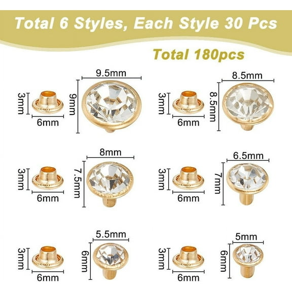 1box 180pcs 6 styles Brass Rhinestone Rivets Semi-Tublar Rivets Collision Rivets Flat Round Golden 5~9.5x6~9mm & 6x3mm 30pcs/style