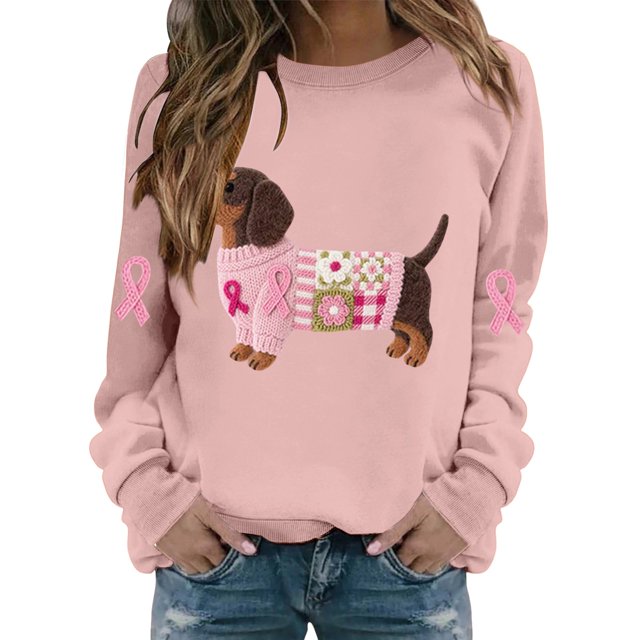 Jindong Women's Dog Ribbon Breast Cancer Awareness Print Sweatshirt