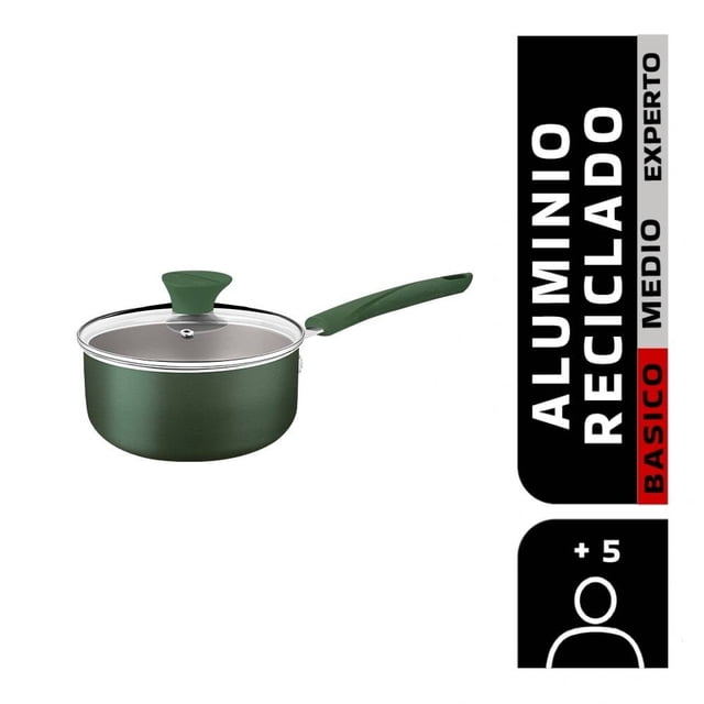 Cazo con tapa Tramontina LYF 2.1 litros verde, fabricado con aluminio 100% reciclado y revestimiento antiadherente Starflon Max. Incluye tapa de vidrio con borde de acero inoxidable y orificio para vapor, asas de termoplástico de alta resistencia, ideal para cocinar alimentos de forma rápida y uniforme sin que se peguen.