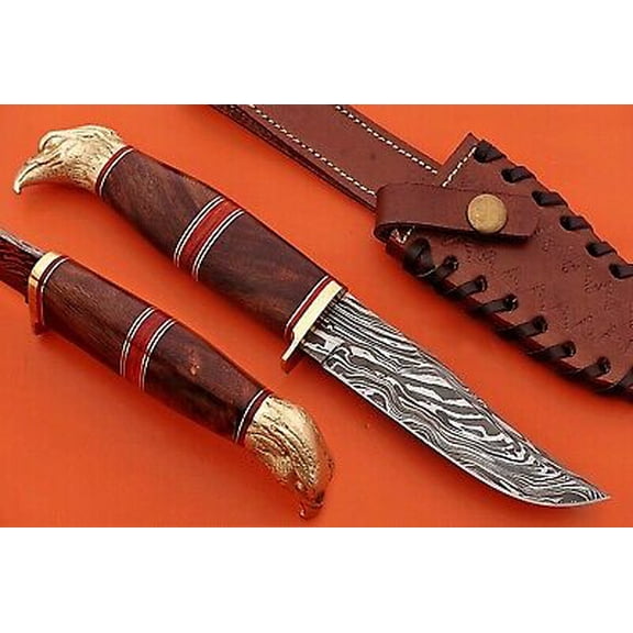 10" custom skinning knife with eagle pomel, trailing point blade, Leather sheath