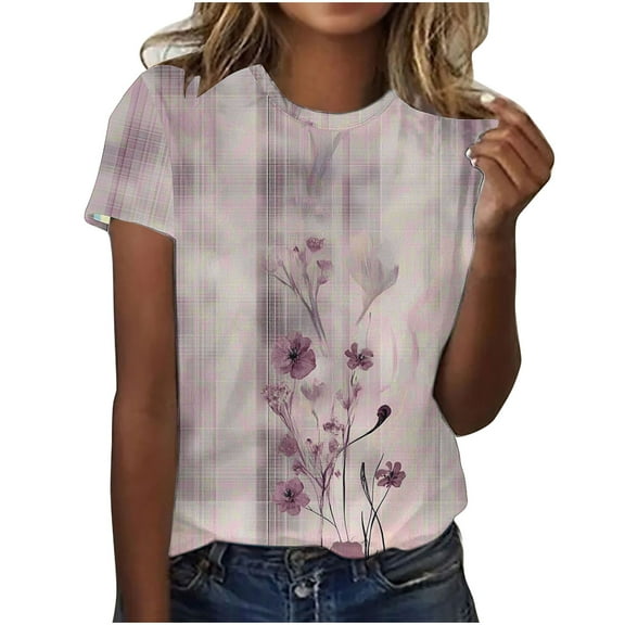 KeFaWanJu Summer Savings! Round Neck T Shirts for Women Plus Size Short Sleeve Tshirts Clearance Under $5 Floral Tee Shirts,Purple Sizes XXL
