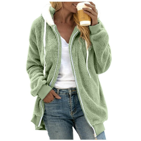 Tiqkatyck Winter Jackets for Women, Women's Solid Color Plush Coat Hooded Pullover Warm Wool Coat Zipper Top Fleece Jacket Women, Winter Coats for Women Green L