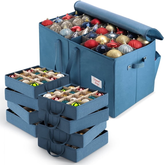 Hearth & Harbor Large Christmas Ornament Storage Box - Fits up to 124 Holiday Ornaments - Blue Fabric Rectangle