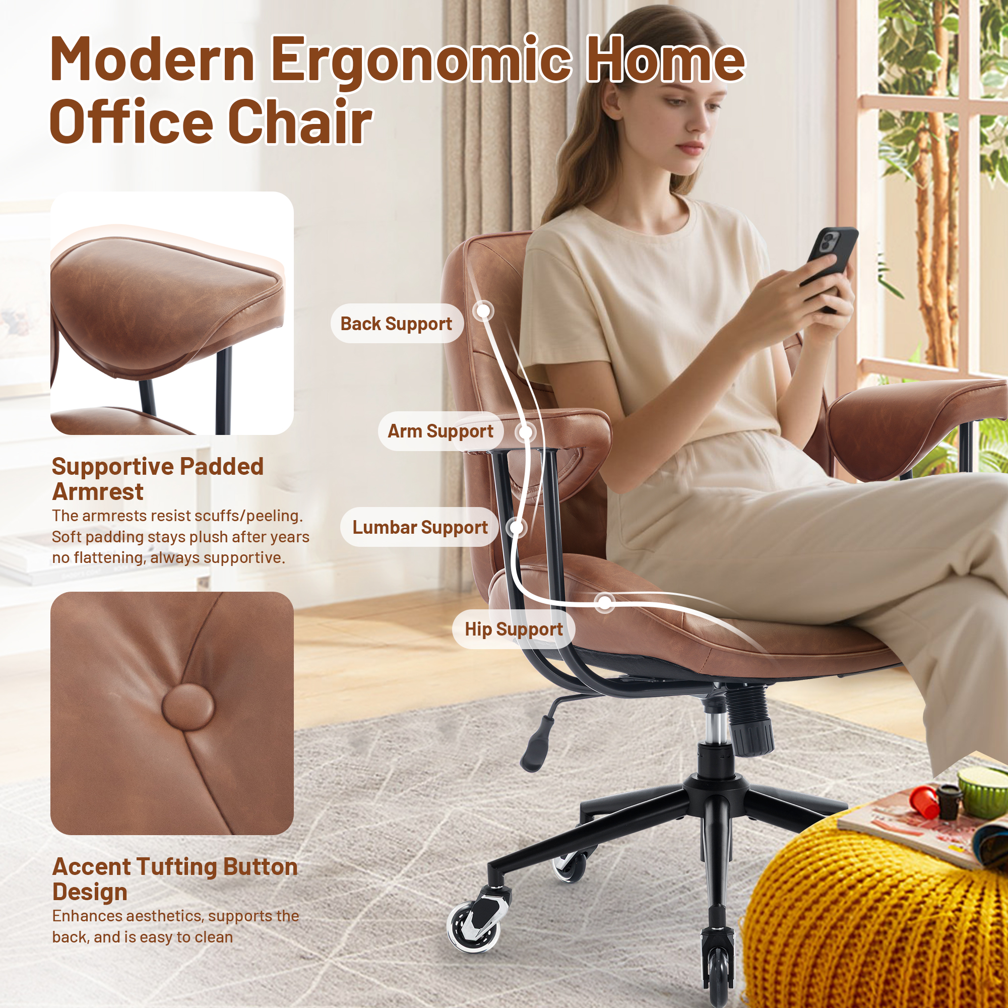 Mid Century Modern Office Desk Chair with Wheels and Arms, Mid Back Ergonomic Office Chair with Lumbar Support, Swivel Leather Computer Desk Chair for All Day Comfort