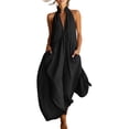 thumbnail image 3 of Women's Cotton Loose Wide Leg Jumpsuit, Deep V Neck Sleeveless with Side Pockets, Casual Summer Beach Wear, Long Pants | VerBelle,Black 2XL, 3 of 8