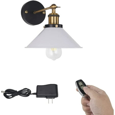 

FSLiving Battery Operated Wall Sconce Rechargeable Battery Run Low-Volt Safe LED Remote Control No Wire Adjustable Angle White Wall Light Antique Design for Corridor Loft Dorm Bulb Included-1 Pack