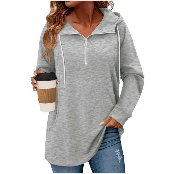 Horkkom Quarter Zip Pullover Women Casual Tunic Drawstring Tops Fashion Solid Color Comfort Hoodie with Pockets XL
