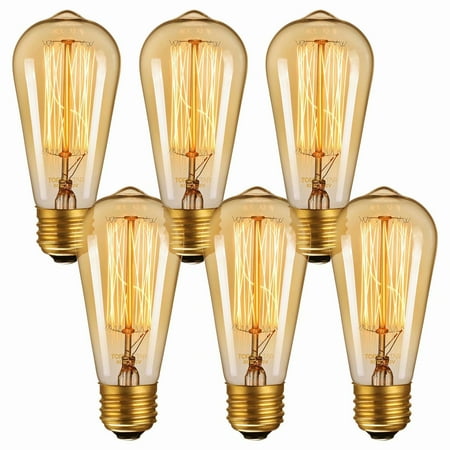 60w Edison Base Bulbs - TORCHSTAR Vintage Edison Light Bulb, 60W ST64 Edison Bulb, E26 Medium Base, Pack of 6