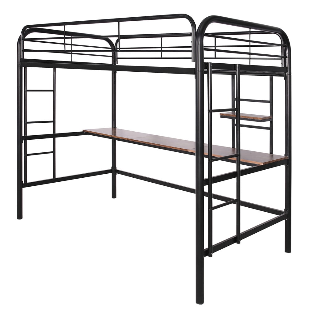 Metal Loft Bed Twin Size Bed with Writing Desk and Open Shelves 2