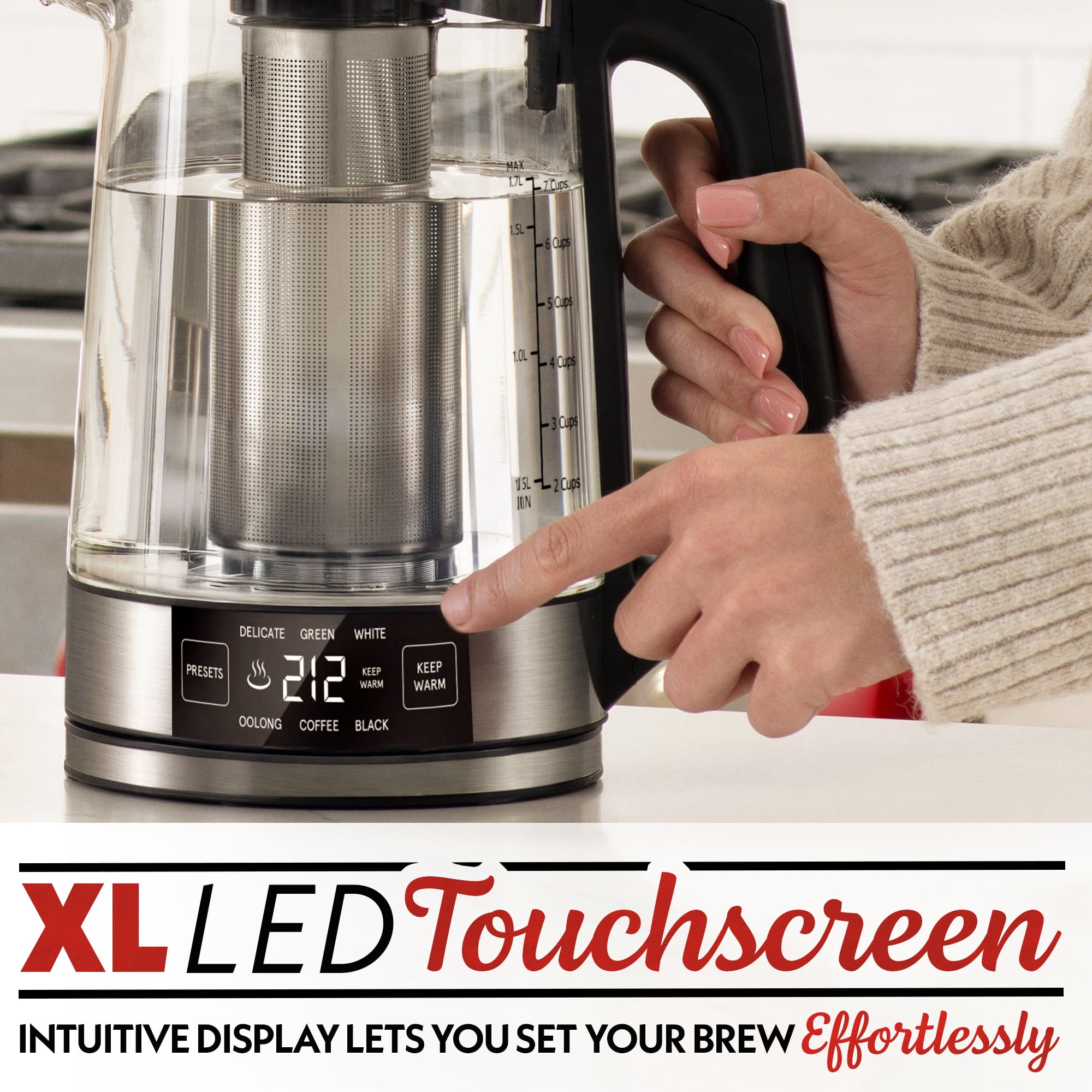Gourmia 1.7L Programable Glass Kettle with Touch Display, Infuser, Black