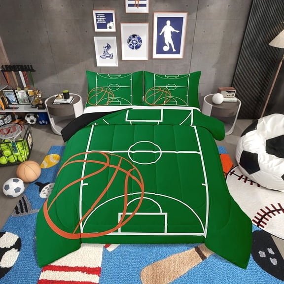 Basketball Bedding Set Twin Size Basketball Comforter Set Teens,Green Gaming Sports Bed Comforter Sets Basketball Court Quilt Bed Set Room Decor with 1 Pillowcase