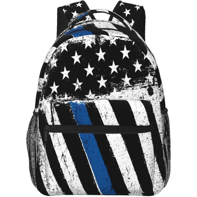 Thin Blue Line Usa Flag Casual Backpack Travel Pack Bag Laptop Backpacks With Side Pockets Front Zipper Pockets Bookpack Daypack Picnic Rucksack Computer Bag