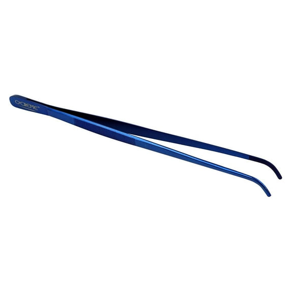 O'Creme 12 Inch Stainless Steel Precision Kitchen Culinary Tweezer Tongs 12" Curved, Blue