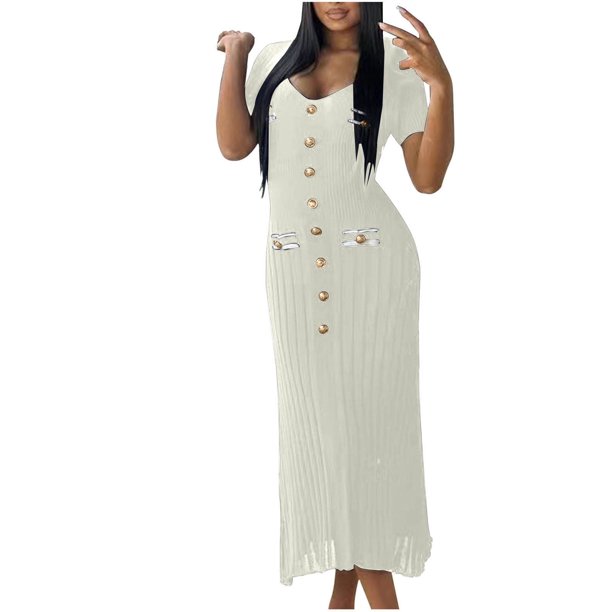 Vestido de Manga Corta para las Mujeres Color Sólido Ajustado V-Cuello Onda Falda Doblado, de Punto Sudadera Falda Larga
