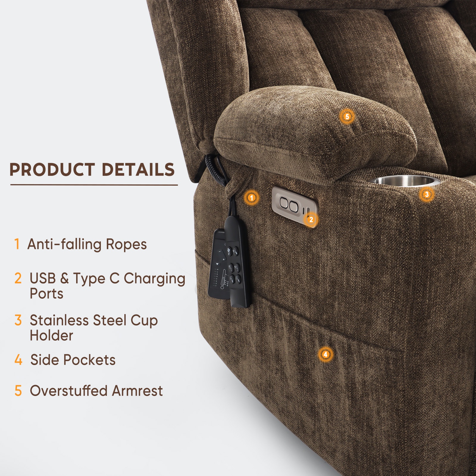 JULY'S SONG Oversized Recliner Chair with Heat and Massage, Power Lift Chairs for elderly with Cup Holders, Heavy Duty Electric Recliners for Adults with USB & Type C ports, Chenille Brown