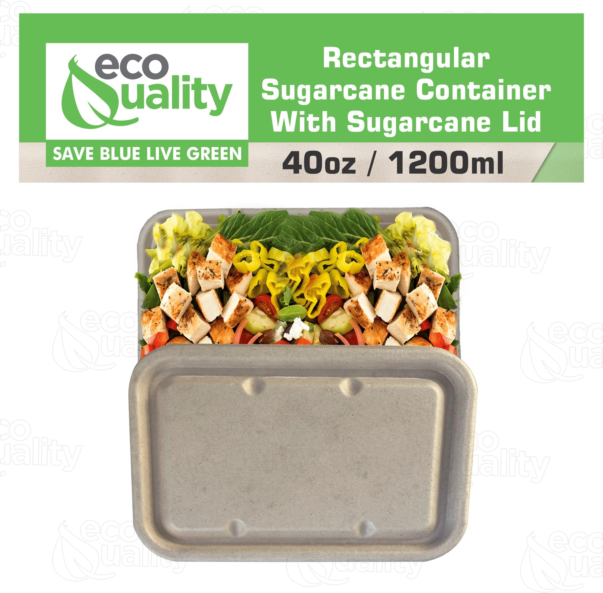 EcoQuality 40oz Disposable Bowls with Fiber Lids - Rectangular Compostable Sugarcane Fiber Biodegradable Paper Bowls Eco-Friendly Take Out Food Storage Containers, Microwave Safe, Meal Prep (25 PACK)