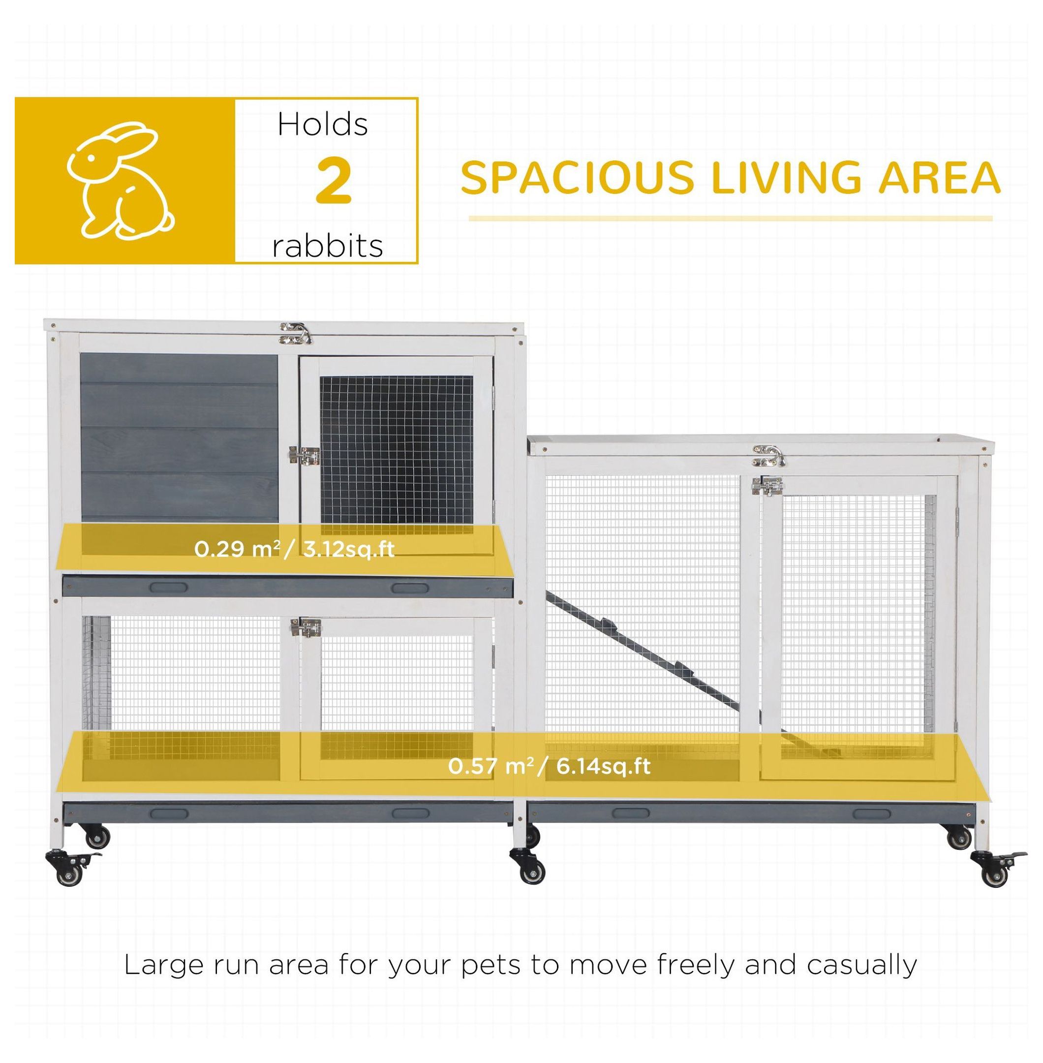 Indoor Rabbit Hutch, Wooden Bunny Cage, 2-Story Pet House with Lockable Doors & Ramp, Elevated Design, Easy Clean Tray, Gray