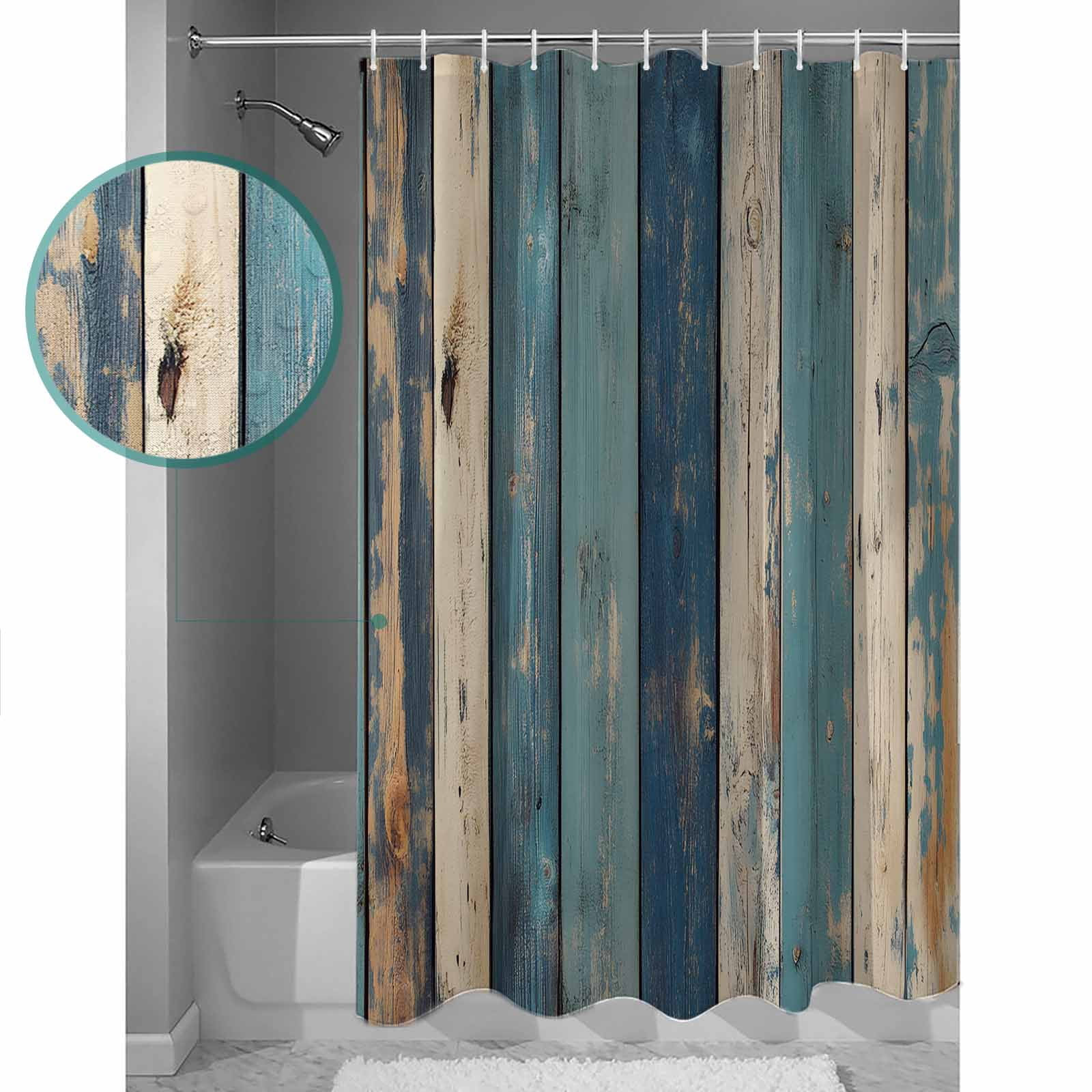 72x78 Inch Shower Curtain Teal Beige Stripe Bathroom Decor Waterproof Fabric Bathtub Bath Curtains Decorative Farmhouse Vintage Wooden Grain Extra Long Shower Curtain Set with Hooks