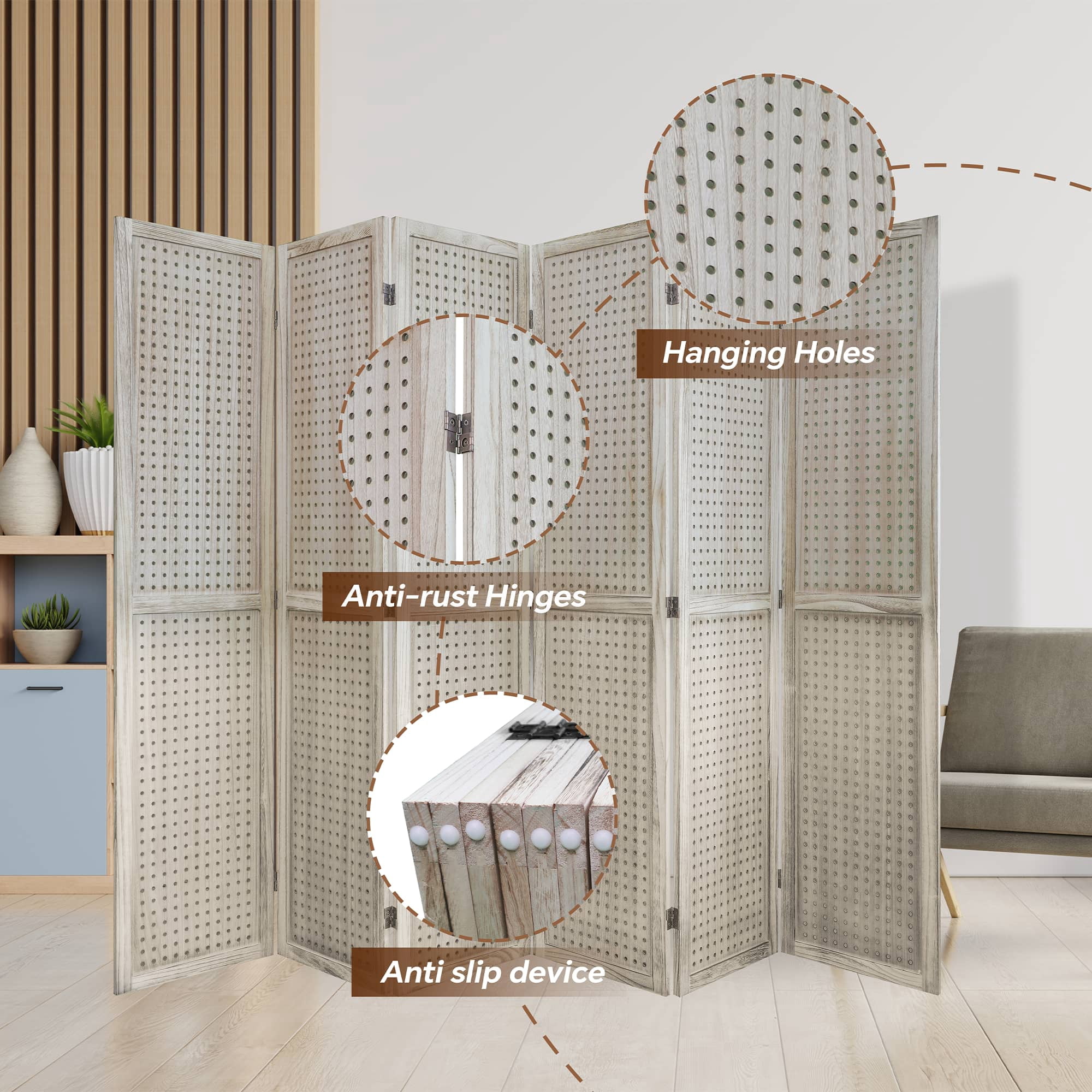 MAYEERTY 6 Wooden Room Divider, 5.6Ft Wooden Freestanding Privacy Screen with Shelves, Natural Wood