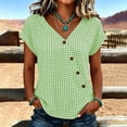 thumbnail image 5 of Favoffer Women's Plaid Pullovers V Neck Short Sleeve Button Placket Grid Weave Loose Silhouette Daily Shirts Picnic Gathering Weekend Rest, 5 of 8