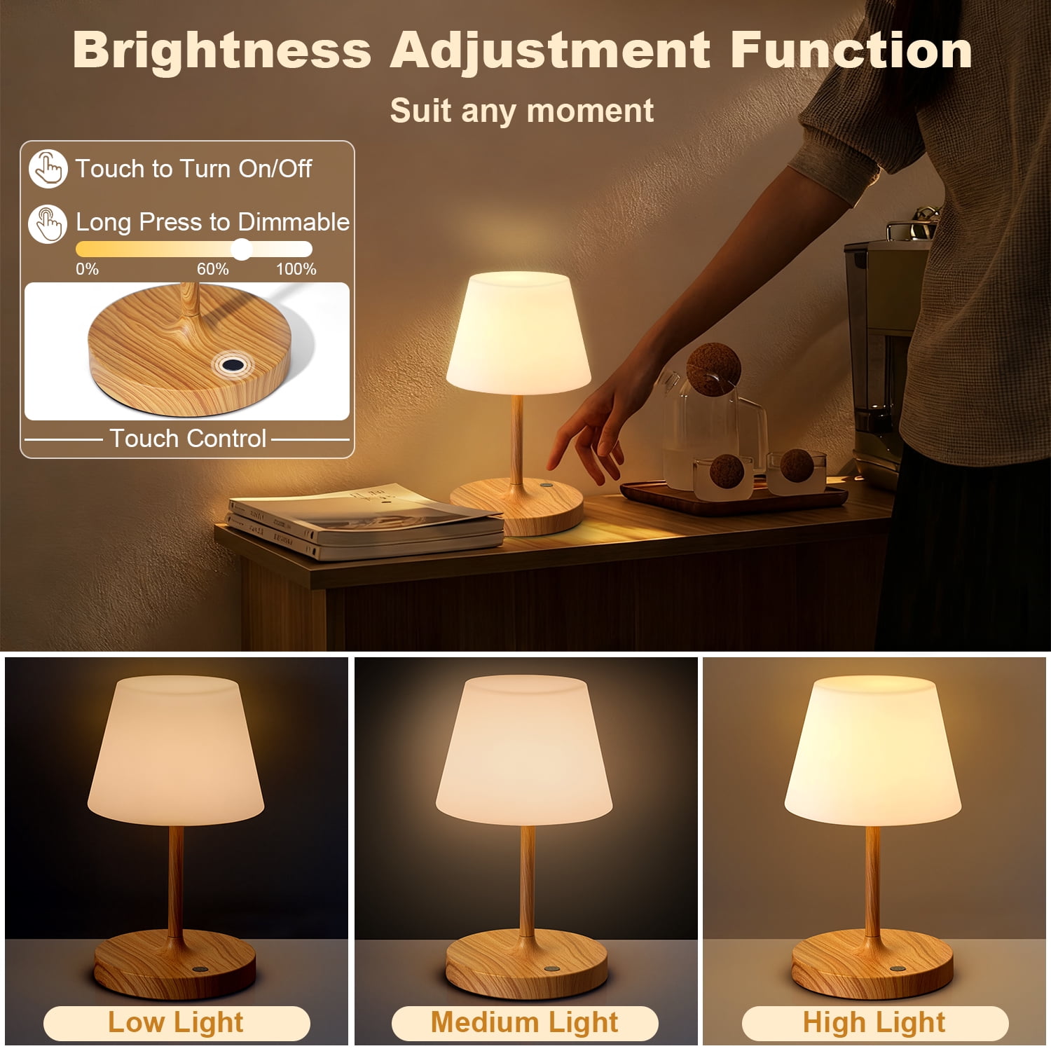 Walchoice Cordless Table Lamp Rechargeable, Outdoor Operated Shower Lamp Waterproof, Touch Dimmable Desk Lamp for Bedroom Patio Restaurant Home - Wood Grain
