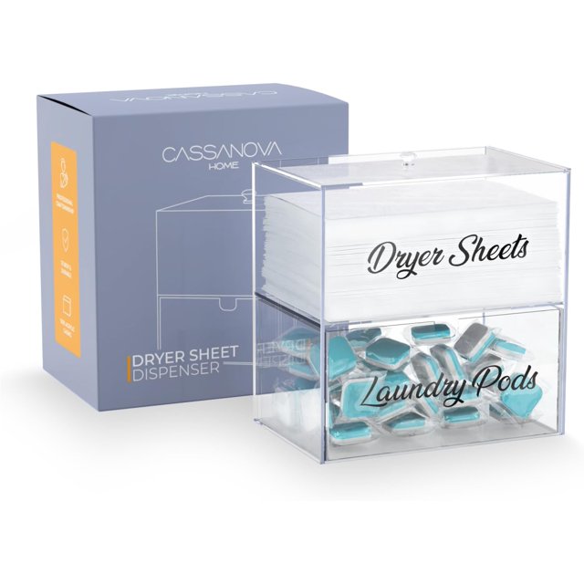 Cassanova Distributeur de Feuilles de Séchage pour la Maison, Conteneur Acrylique Premium 5mm avec Tampons Anti-Rayures en Caoutchouc, Support de Feuilles de Séchage, Conteneur de Capsules de Lessive, Support de Capsules de Lessive