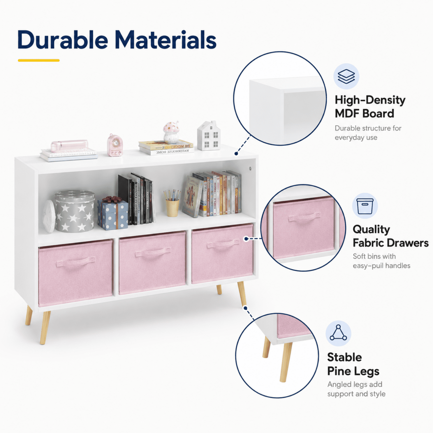 Miniyam Kids Bookcase with Storage Bins, 3 Fabric Drawers, Wooden Toy Organizer for Kids Room, Pink