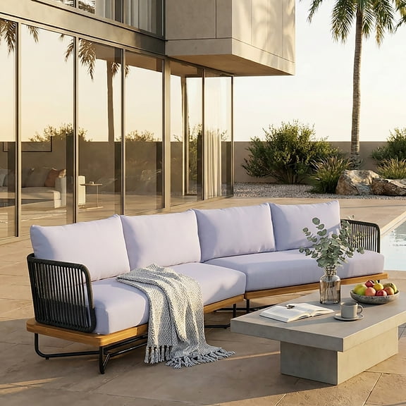 Christopher Knight Home 2-Piece Outdoor Wooden Rope Woven Sectional Sofa with Cushions, Black Light Gray