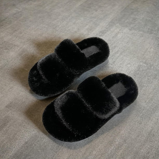 Pantuflas de felpa para mujer, peludas, antideslizantes, cálidas, transpirables, para casa, sin cordones, con dos bandas, toboganes abiertos, zapatos , negro, 36 Yinane Pantuflas de felpa