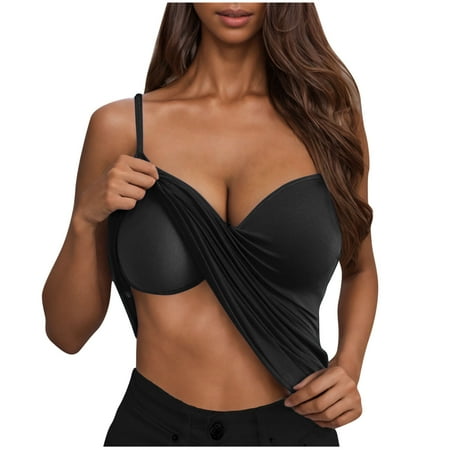JGGSPWM Camisole Tops for Women Summer Casual Spaghetti Strap Cami Tank Tops with Built in Bra Sports Padded Cotton Undershirts Black XL