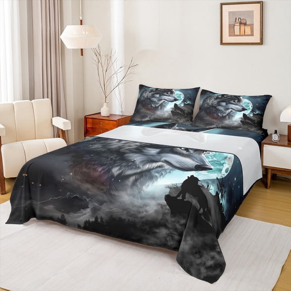 Feelyou Rustic Wolf Wildlife Twin Sheet Sets, Mystic Jungle Galaxy Twin Fitted Sheet, Western Animal Theme Flat Sheet, Microfiber Bedroom Decor, 3-Piece