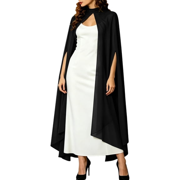 UTSJKR Women Elegant Stand‑Collar Long Cape, Open‑Front Sleeveless Formal Cloak, Flowy Outer Robe for Evening Gown, Wedding and Formal Occasions Black