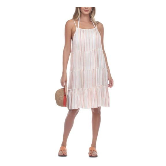 RAVIYA Women's Orange Striped Square Neck Adjustable Tiered Swimsuit Cover Up S