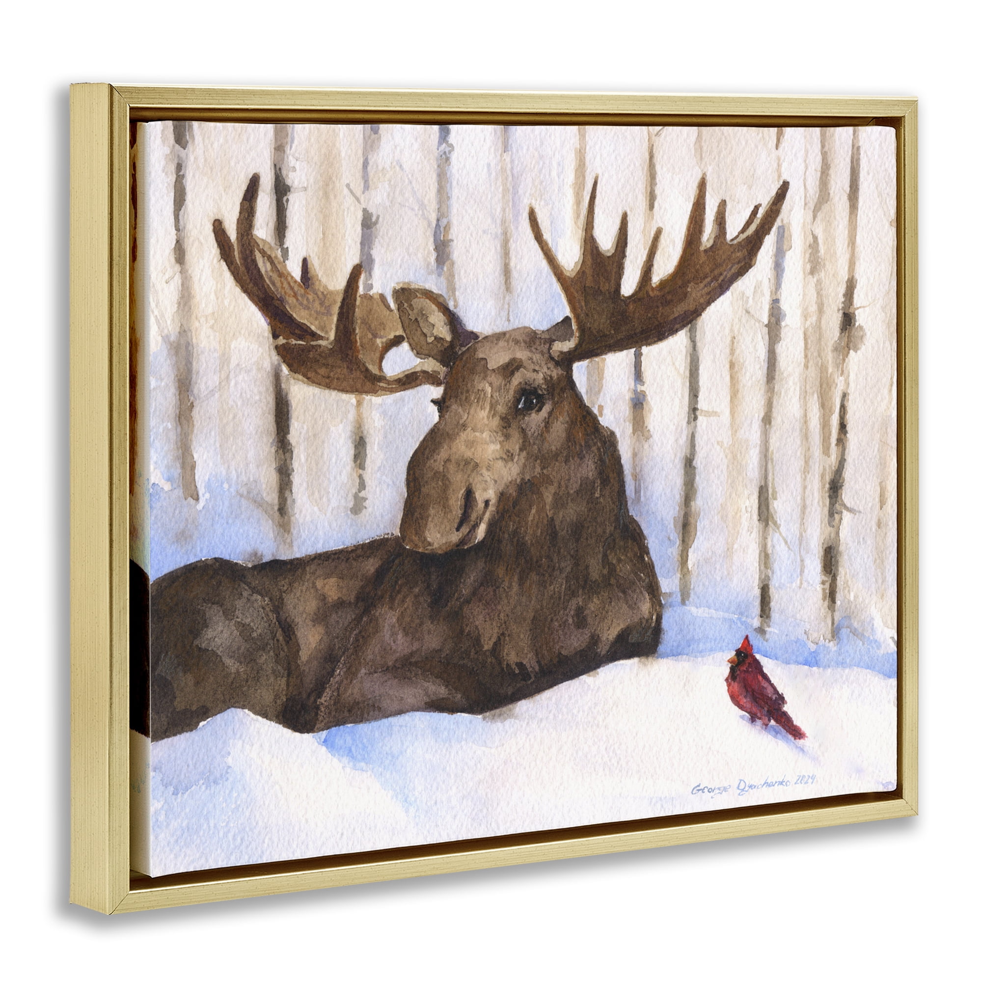 Stupell Industries Moose & Red Cardinal Gold Framed Floater Canvas Wall Art, design by George Dyachenko