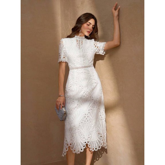 White Floral Lace High Neck Short Sleeve Sheath Midi Dress