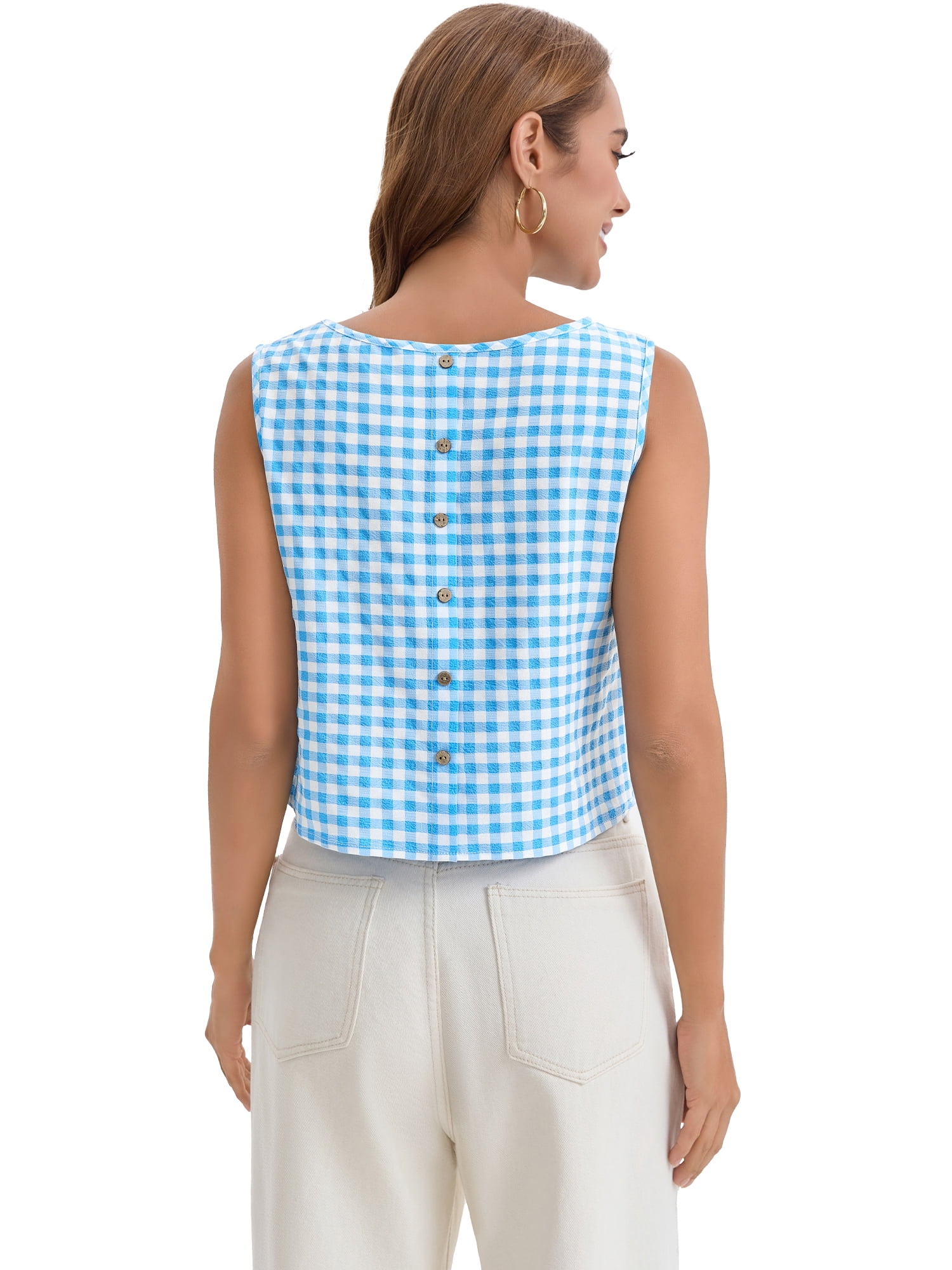DARING DIVA Women's Gingham Summer Crop Tank Tops Button Back Sleeveless Shirts L Blue