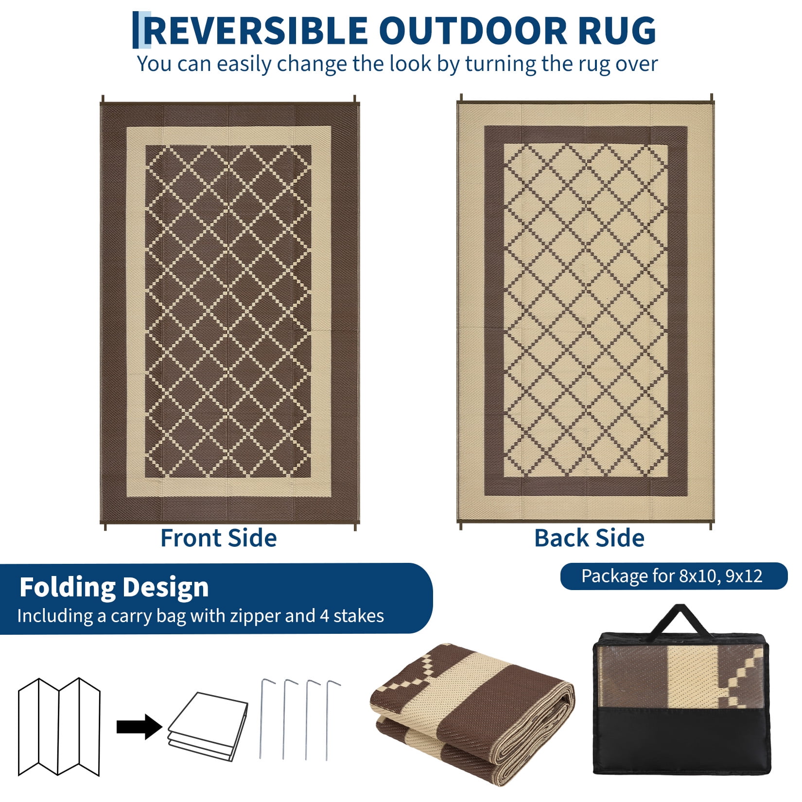 Garvee Outdoor Rug 9'x12' Waterproof Rug for Patios, Reversible Plastic Straw Rug Camping Carpet Mats for RV, Picnic, Backyard, Balcony, Porch, Beach, Brown