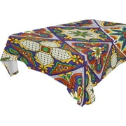 SKYSONIC Mexican Talavera Tile Ceramic Tablecloth Durable Square Table Cloth Waterproof Stain Proof Camping Tablecloths for Outdoor Picnic Family Dinner Restaurant Decoration 60 x 90 Inch