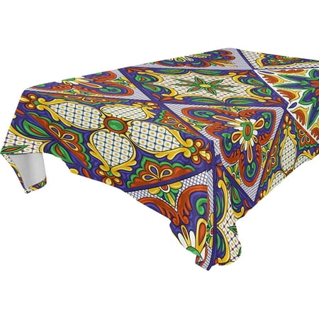 SKYSONIC Mexican Talavera Tile Ceramic Tablecloth Durable Square Table Cloth Waterproof Stain Proof Camping Tablecloths for Outdoor Picnic Family Dinner Restaurant Decoration 60 x 90 Inch