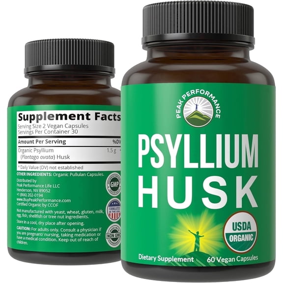 Peak Performance Organic Psyllium Husk Fiber Supplement Capsules, USDA Organic, Gluten-Free, Vegan, for Digestive Health