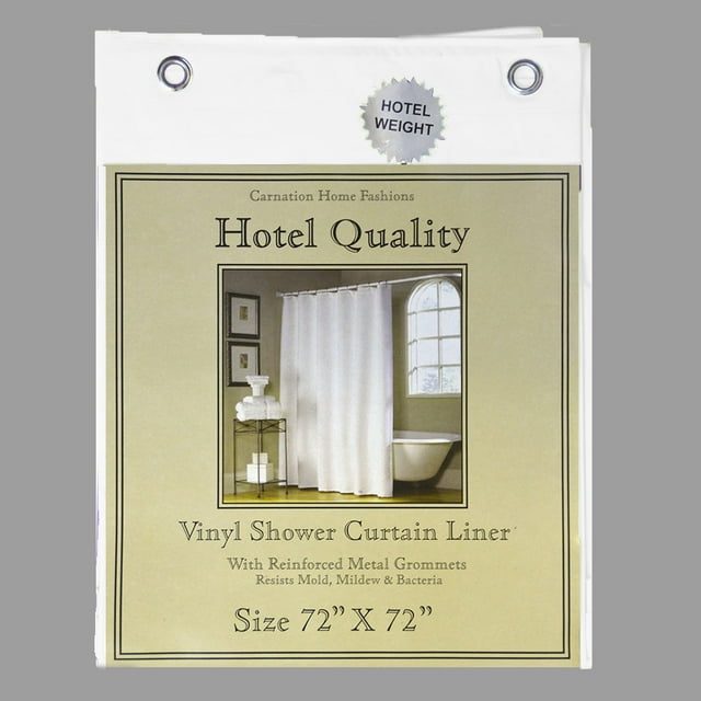 White Vinyl Shower Curtain Liner; Hotel Weight 8 Gauge, Metal Grommets
