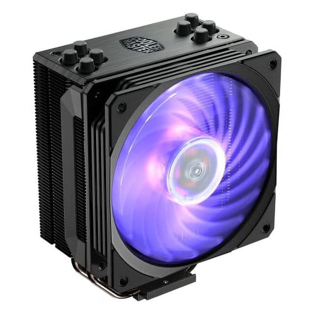 cooler cpu cl cm rr-212s-20pc- cooler rr212s20pcr2cooler Negro, vista 3/4 frontal de disipador tipo torre con aletas negras y ventilador RGB púrpura encendido, heatpipes visibles y base de contacto plana para CPU; a menudo se usa en sistemas de escritorio compactos para mejorar la refrigeración.