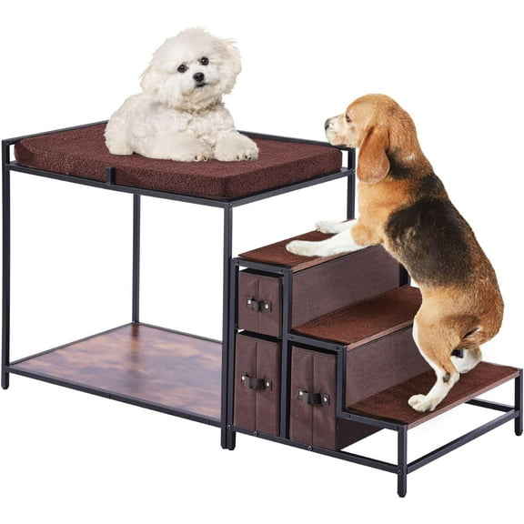Pet Bunk Bed with Stairs, Dog/Cat Window Perch with Storage, Multi-Level Bed Window Perch Dog Bedside Sleeper Couch, Pet Seat Platform for Medium Size Pet, Indoor Use (Dark Brown)
