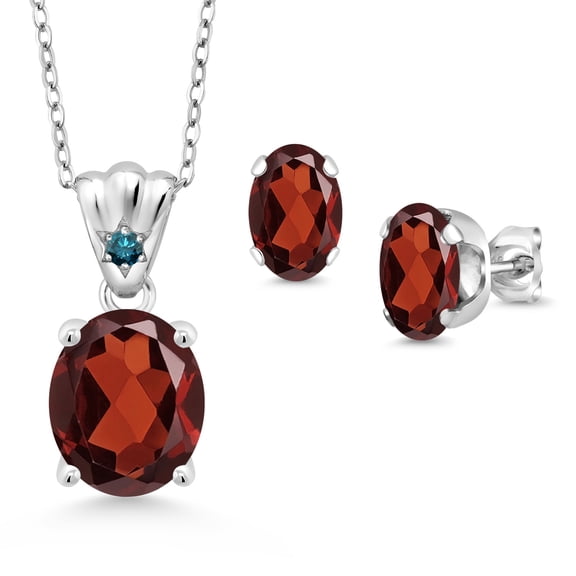 Gem Stone King 925 Sterling Silver Red Garnet and Blue Diamond Pendant and Earrings Jewelry Set for Women (6.68 Cttw, Gemstone Birthstone, Oval 11X9MM and 8X6MM with 18 inch Silver Chain)